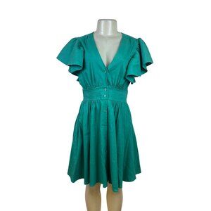 Chelsea 28 Green Women’s  Ruffled Sleeve Fit & Flare Button Front Dress Size S